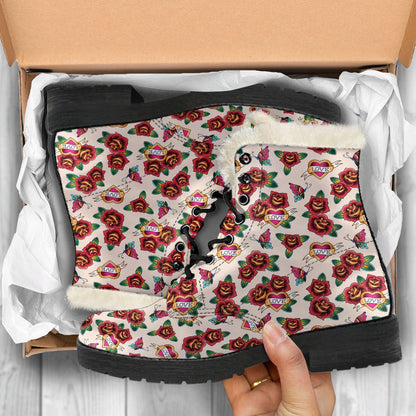 Old School Tattoo Rose Pattern Faux Fur Leather Boots-JTAMIGO.COM