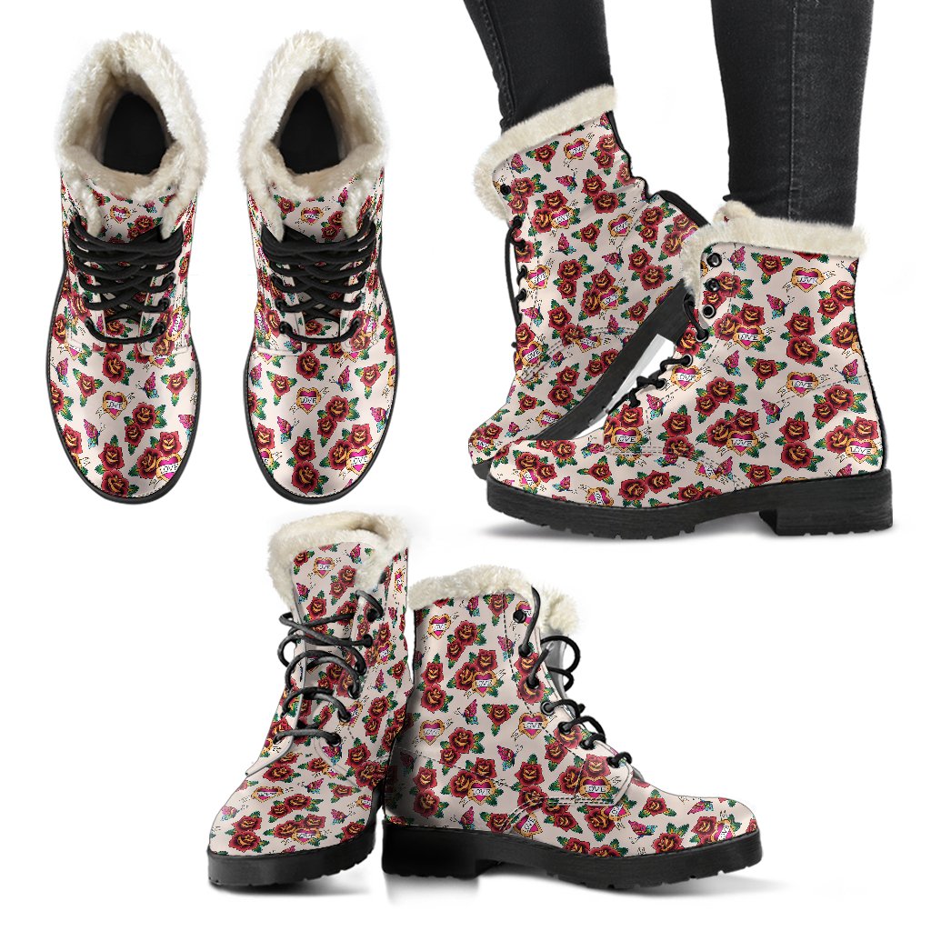 Old School Tattoo Rose Pattern Faux Fur Leather Boots-JTAMIGO.COM
