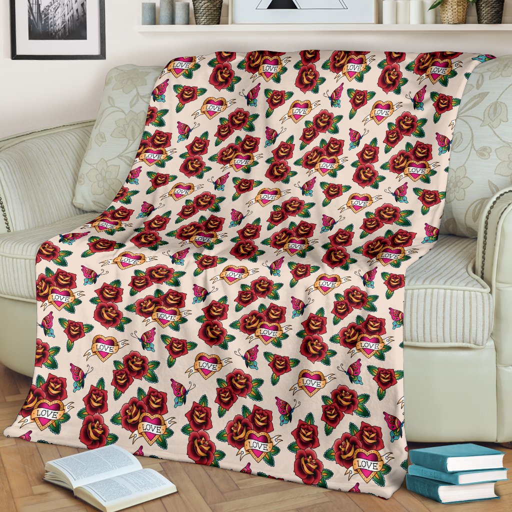 Old School Tattoo Rose Pattern Fleece Blanket