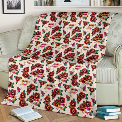 Old School Tattoo Rose Pattern Fleece Blanket