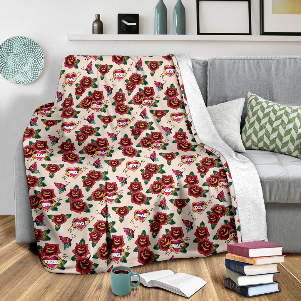 Old School Tattoo Rose Pattern Fleece Blanket