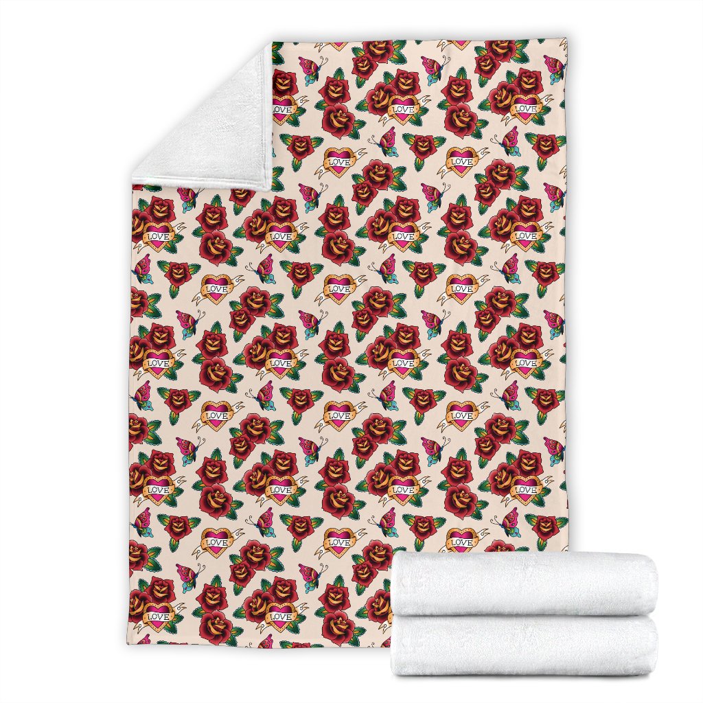 Old School Tattoo Rose Pattern Fleece Blanket