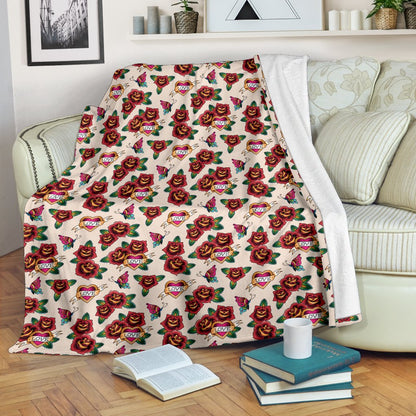 Old School Tattoo Rose Pattern Fleece Blanket