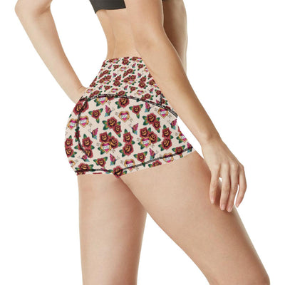 Old School Tattoo Rose Pattern High Waisted Spandex Shorts-JTAMIGO.COM