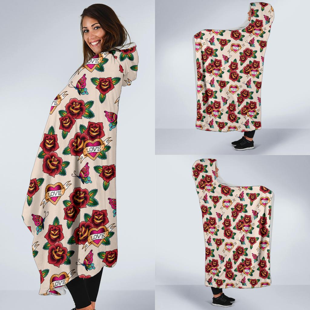 Old School Tattoo Rose Pattern Hooded Blanket-JTAMIGO.COM