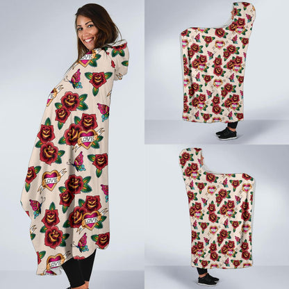 Old School Tattoo Rose Pattern Hooded Blanket-JTAMIGO.COM