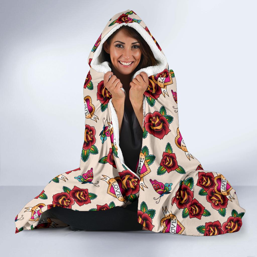 Old School Tattoo Rose Pattern Hooded Blanket-JTAMIGO.COM