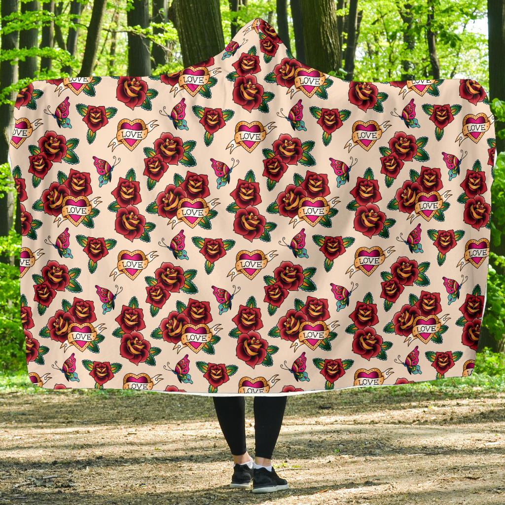 Old School Tattoo Rose Pattern Hooded Blanket-JTAMIGO.COM