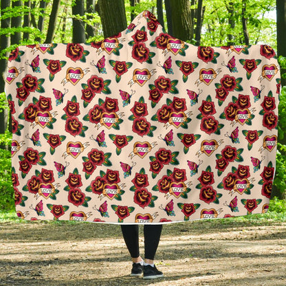 Old School Tattoo Rose Pattern Hooded Blanket-JTAMIGO.COM