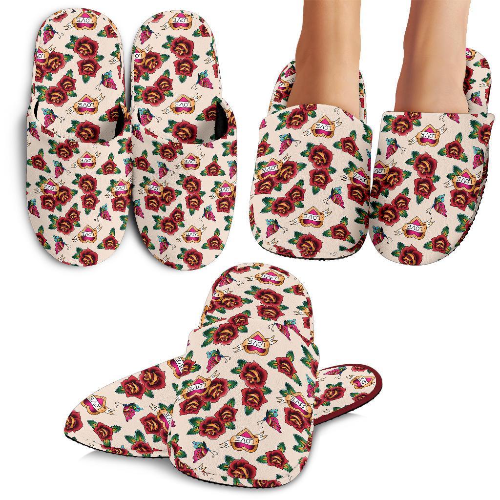Old School Tattoo Rose Pattern House Slippers