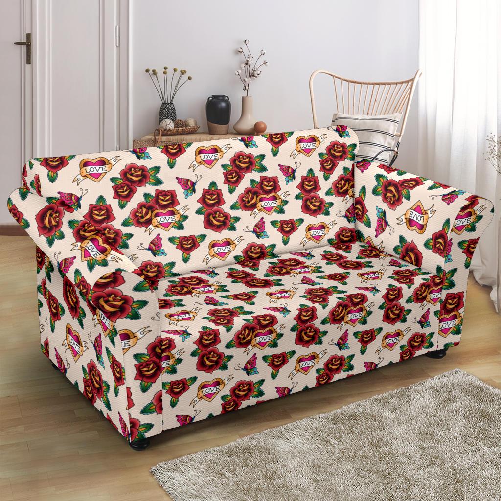 Old School Tattoo Rose Pattern Loveseat Slipcover-JTAMIGO.COM