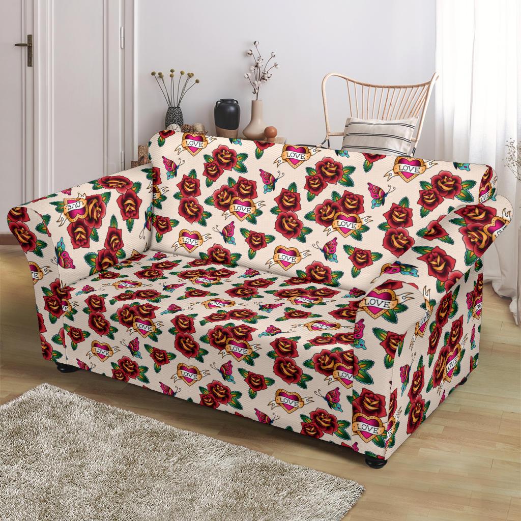 Old School Tattoo Rose Pattern Loveseat Slipcover-JTAMIGO.COM