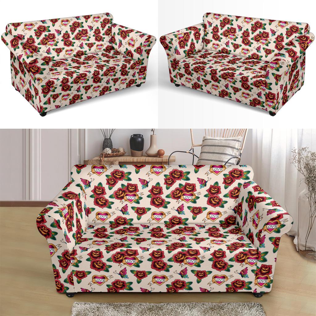 Old School Tattoo Rose Pattern Loveseat Slipcover-JTAMIGO.COM