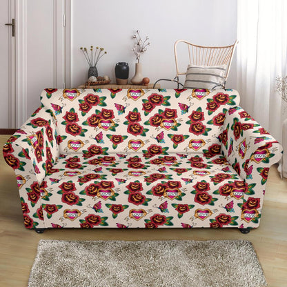 Old School Tattoo Rose Pattern Loveseat Slipcover-JTAMIGO.COM