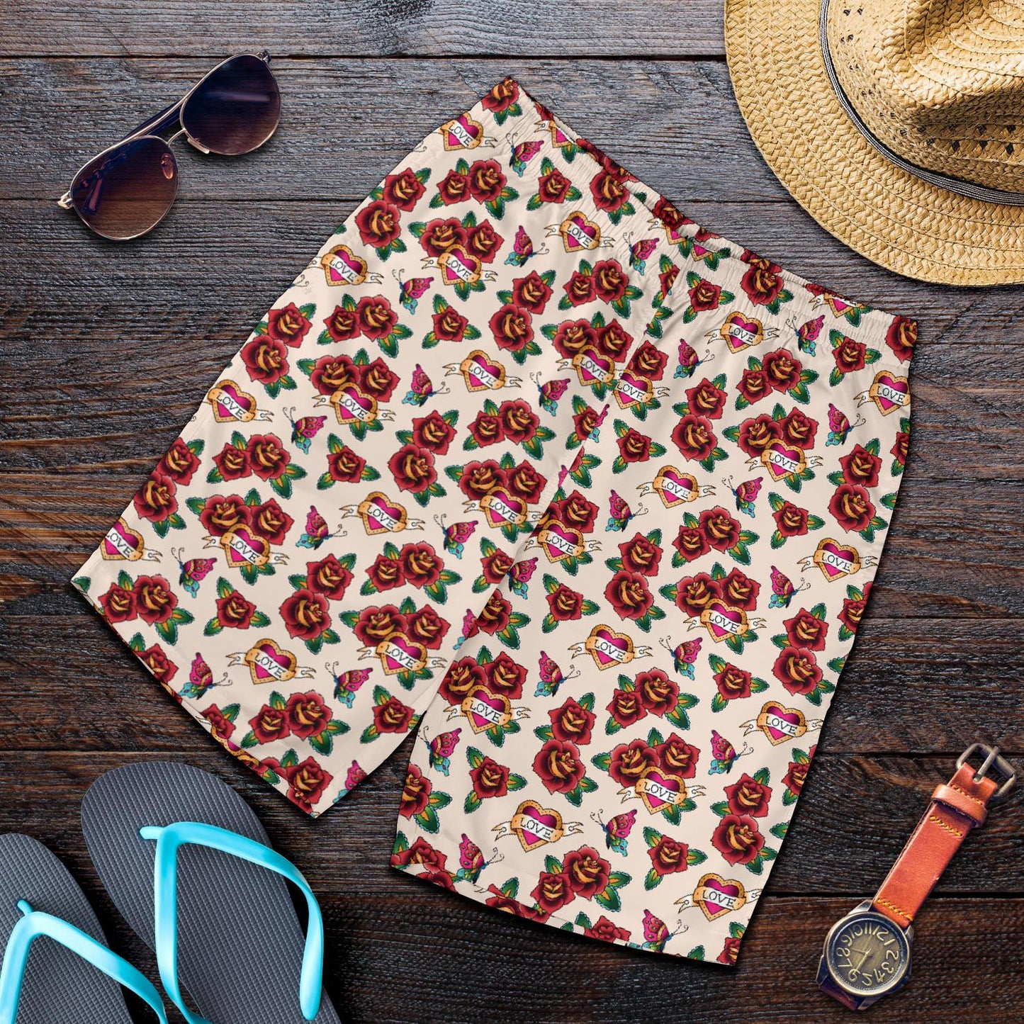 Old School Tattoo Rose Pattern Mens Shorts-JTAMIGO.COM