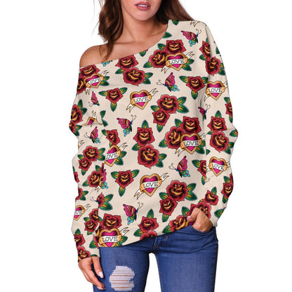Old School Tattoo Rose Pattern Off Shoulder Sweatshirt