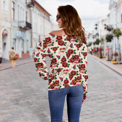 Old School Tattoo Rose Pattern Off Shoulder Sweatshirt