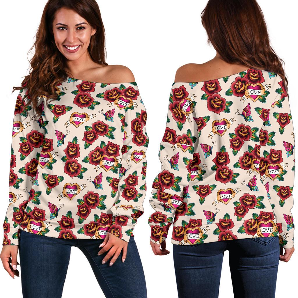 Old School Tattoo Rose Pattern Off Shoulder Sweatshirt