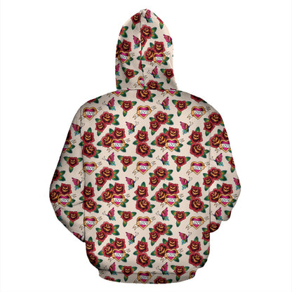 Old School Tattoo Rose Pattern Pullover Hoodie