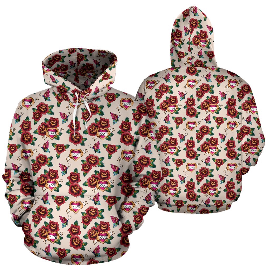 Old School Tattoo Rose Pattern Pullover Hoodie