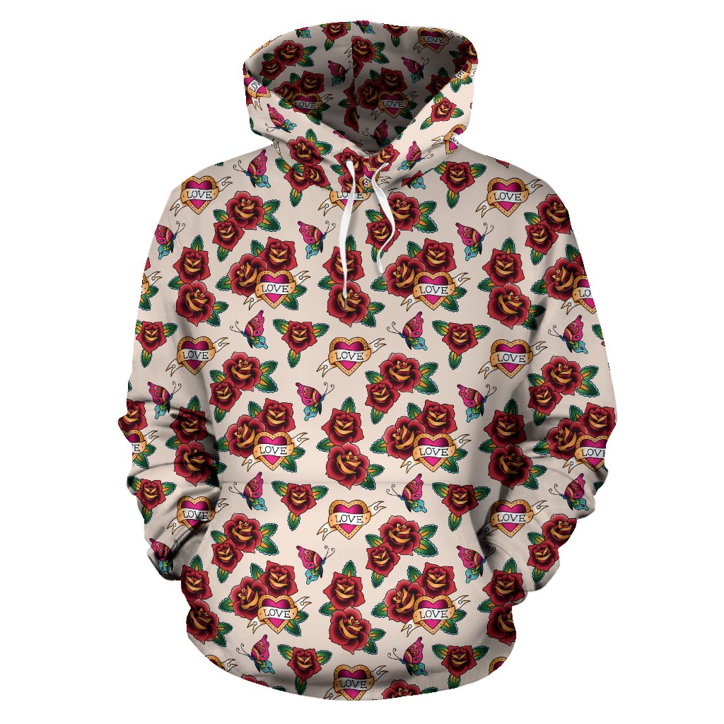 Old School Tattoo Rose Pattern Pullover Hoodie