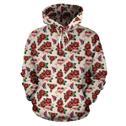 Old School Tattoo Rose Pattern Pullover Hoodie