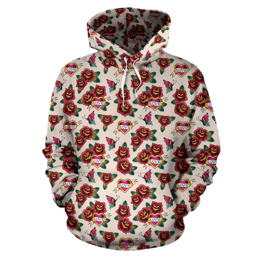 Old School Tattoo Rose Pattern Pullover Hoodie