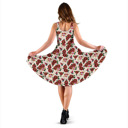 Old School Tattoo Rose Pattern Sleeveless Dress