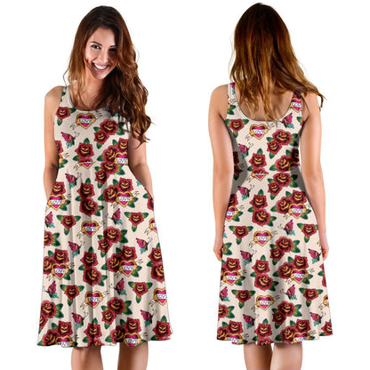 Old School Tattoo Rose Pattern Sleeveless Dress