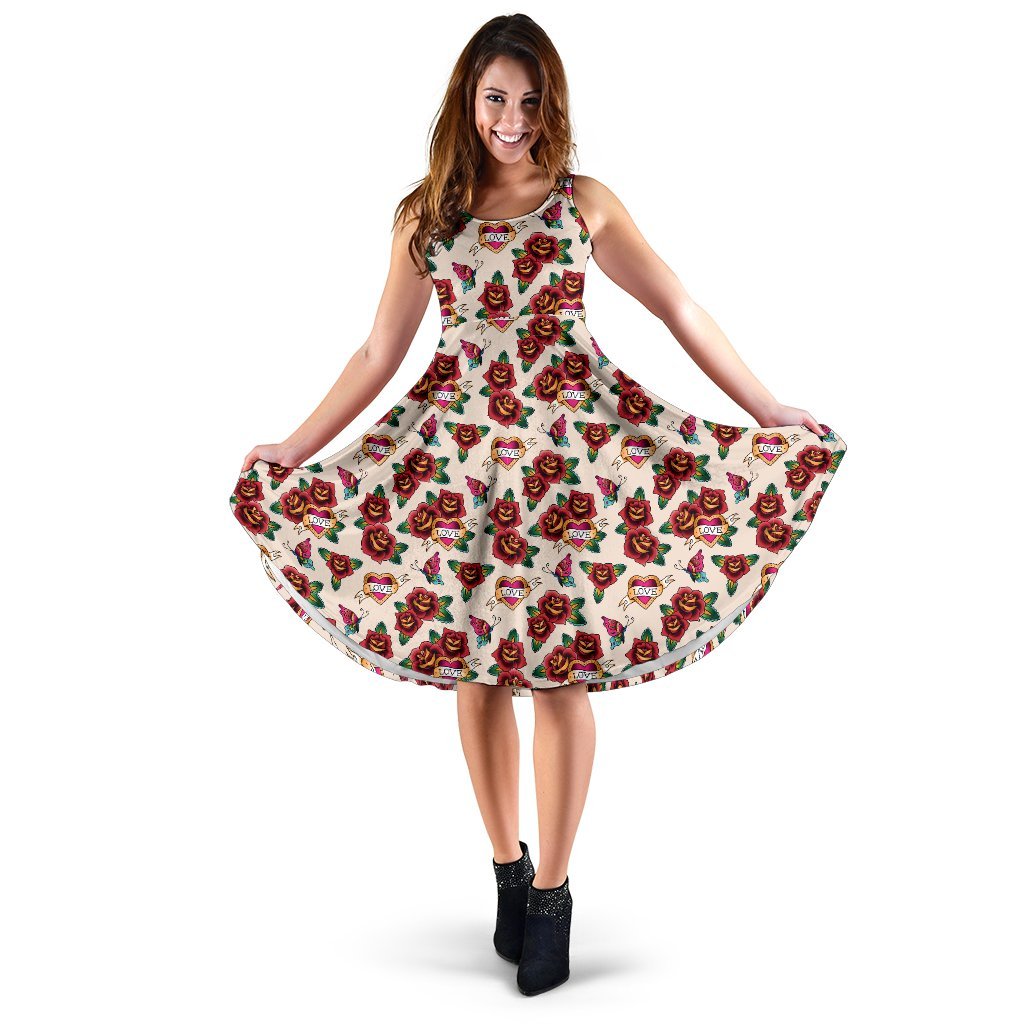Old School Tattoo Rose Pattern Sleeveless Dress