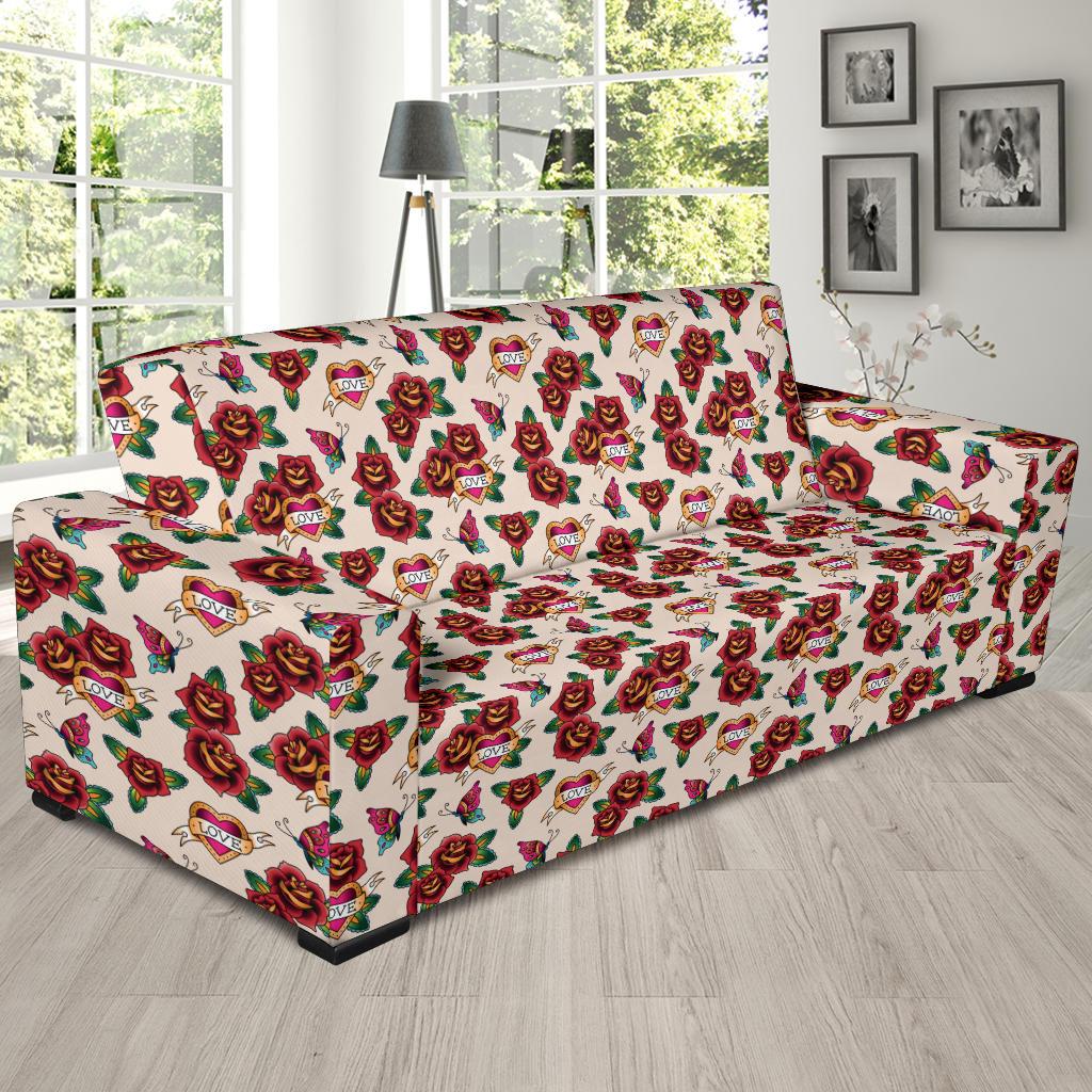 Old School Tattoo Rose Pattern Sofa Slipcover-JTAMIGO.COM
