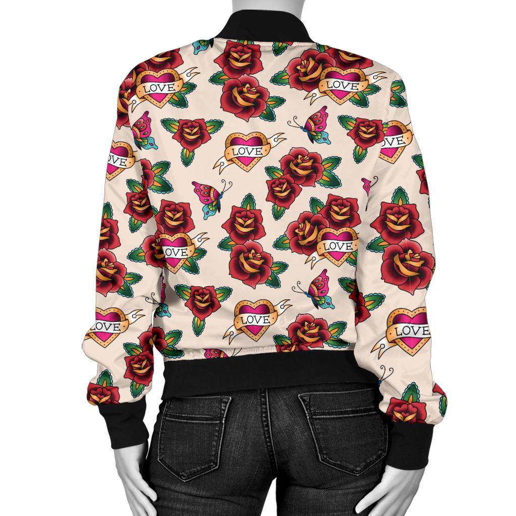Old School Tattoo Rose Pattern Women Casual Bomber Jacket