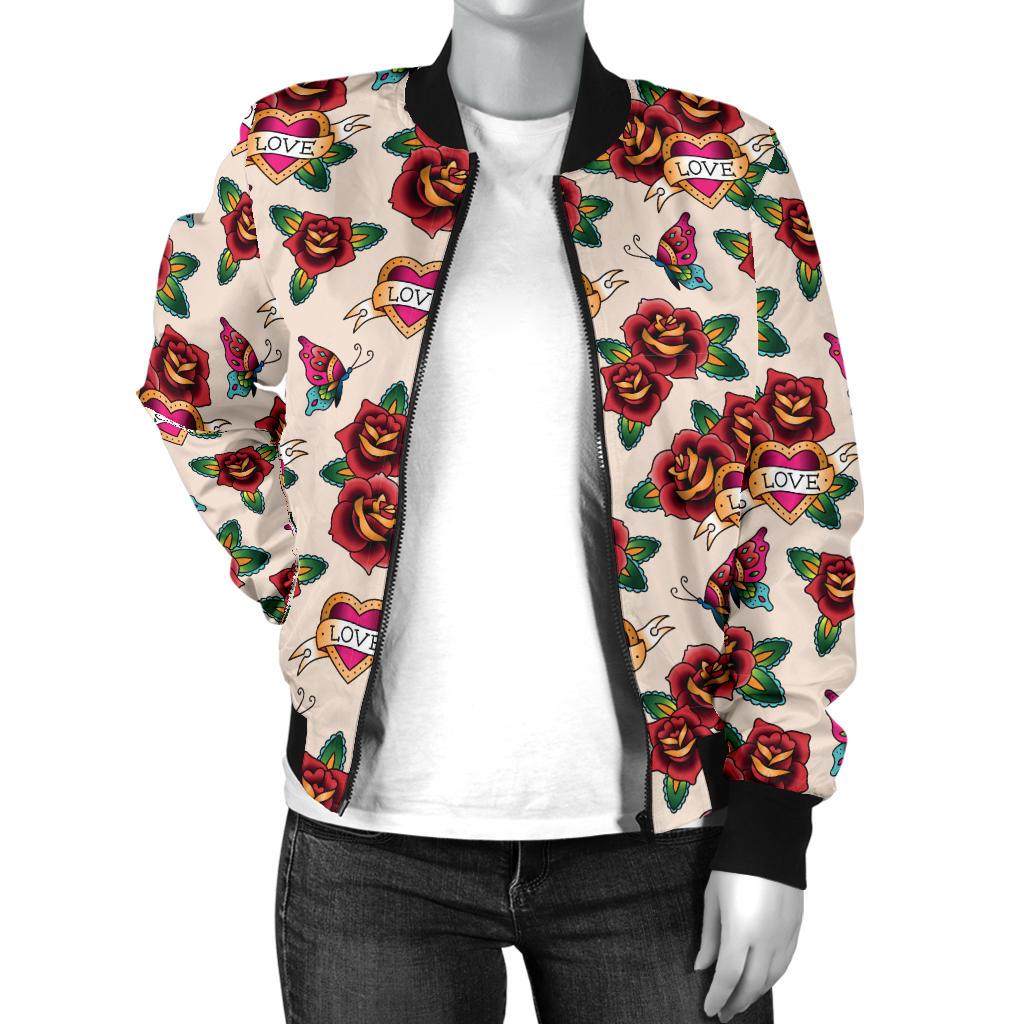 Old School Tattoo Rose Pattern Women Casual Bomber Jacket