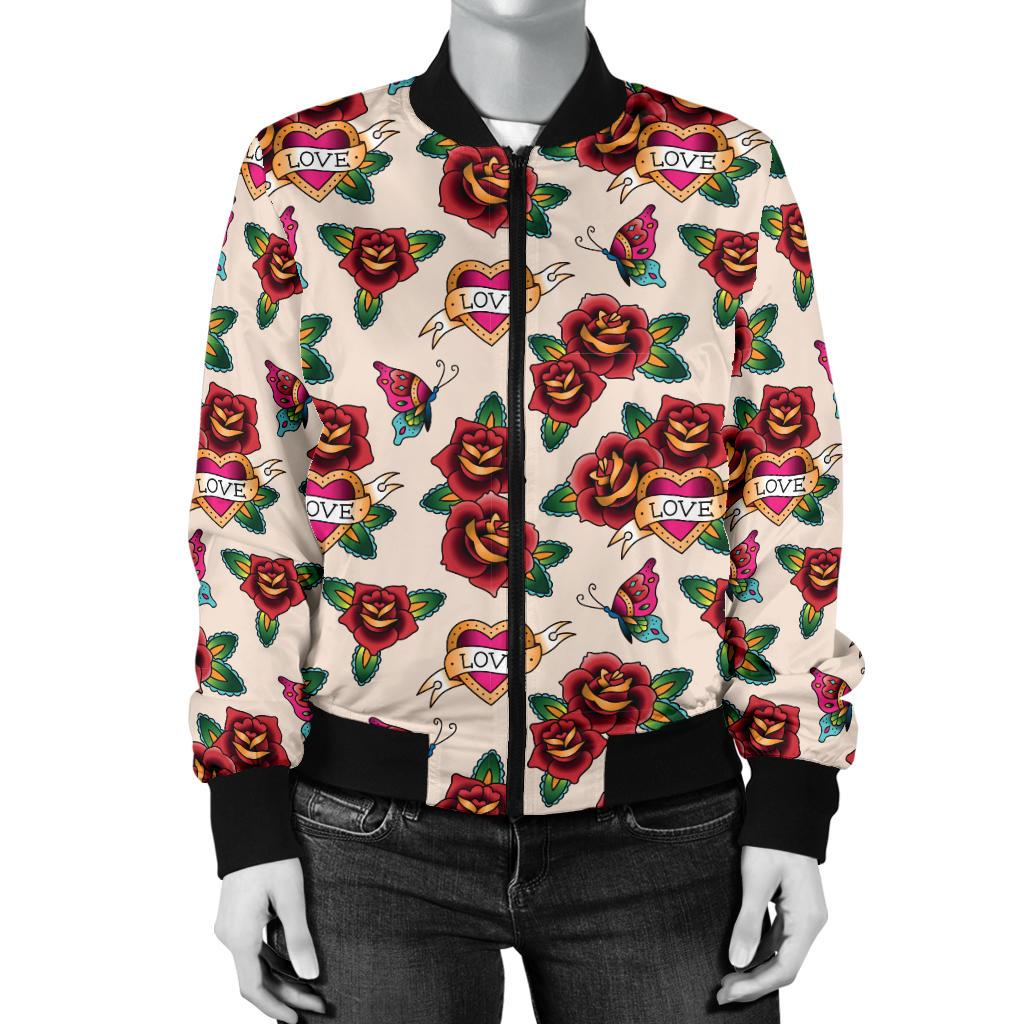 Old School Tattoo Rose Pattern Women Casual Bomber Jacket