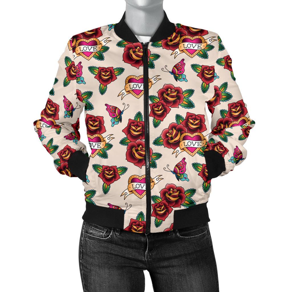 Old School Tattoo Rose Pattern Women Casual Bomber Jacket
