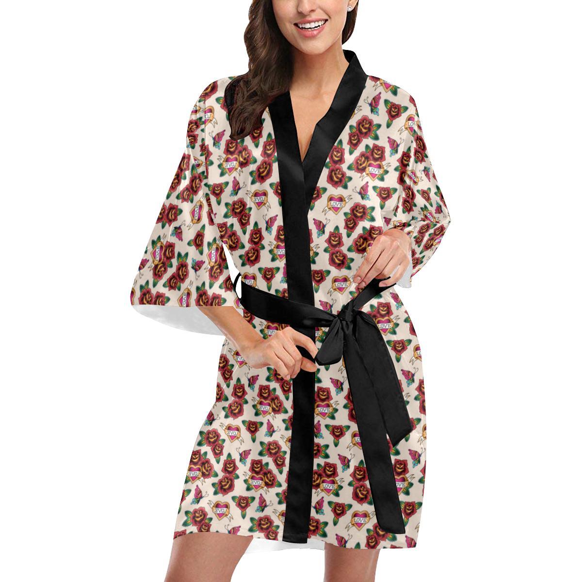 Old School Tattoo Rose Pattern Women Short Kimono Robe