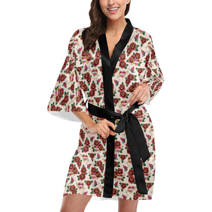 Old School Tattoo Rose Pattern Women Short Kimono Robe