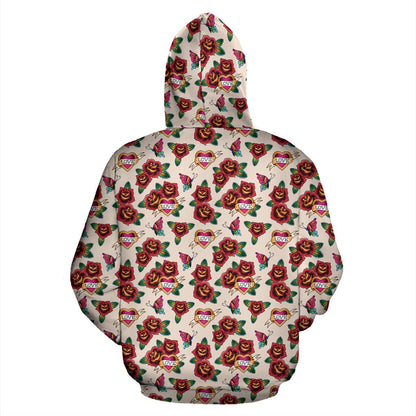 Old School Tattoo Rose Pattern Zip Up Hoodie