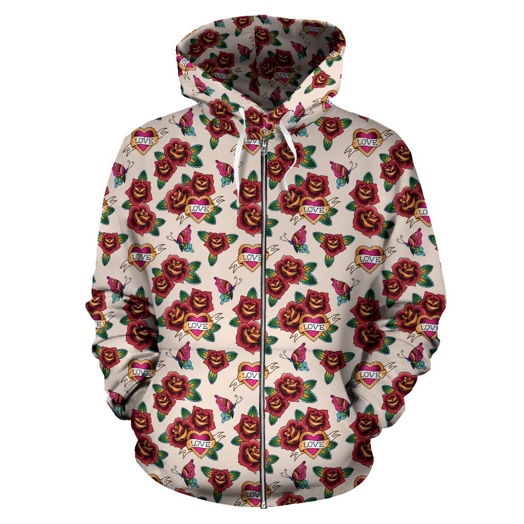 Old School Tattoo Rose Pattern Zip Up Hoodie