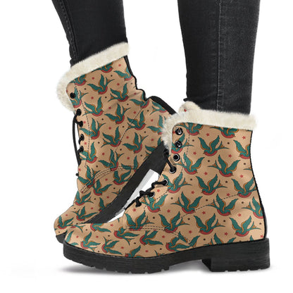 Old School Tattoo Swallow Design Faux Fur Leather Boots-JTAMIGO.COM