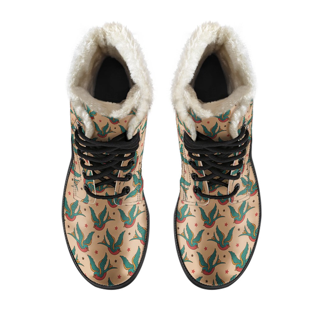 Old School Tattoo Swallow Design Faux Fur Leather Boots-JTAMIGO.COM