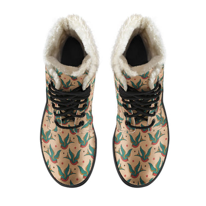 Old School Tattoo Swallow Design Faux Fur Leather Boots-JTAMIGO.COM