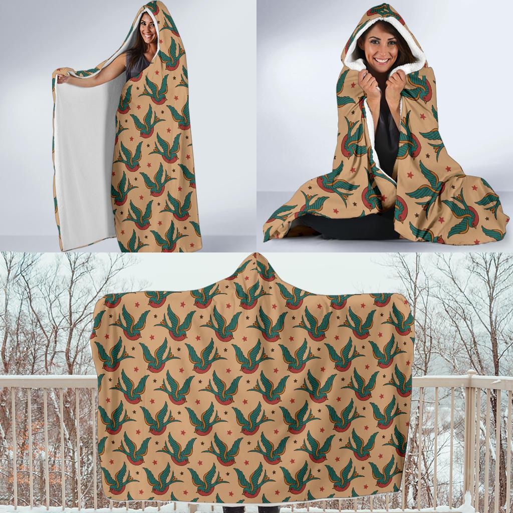 Old School Tattoo Swallow Design Hooded Blanket-JTAMIGO.COM