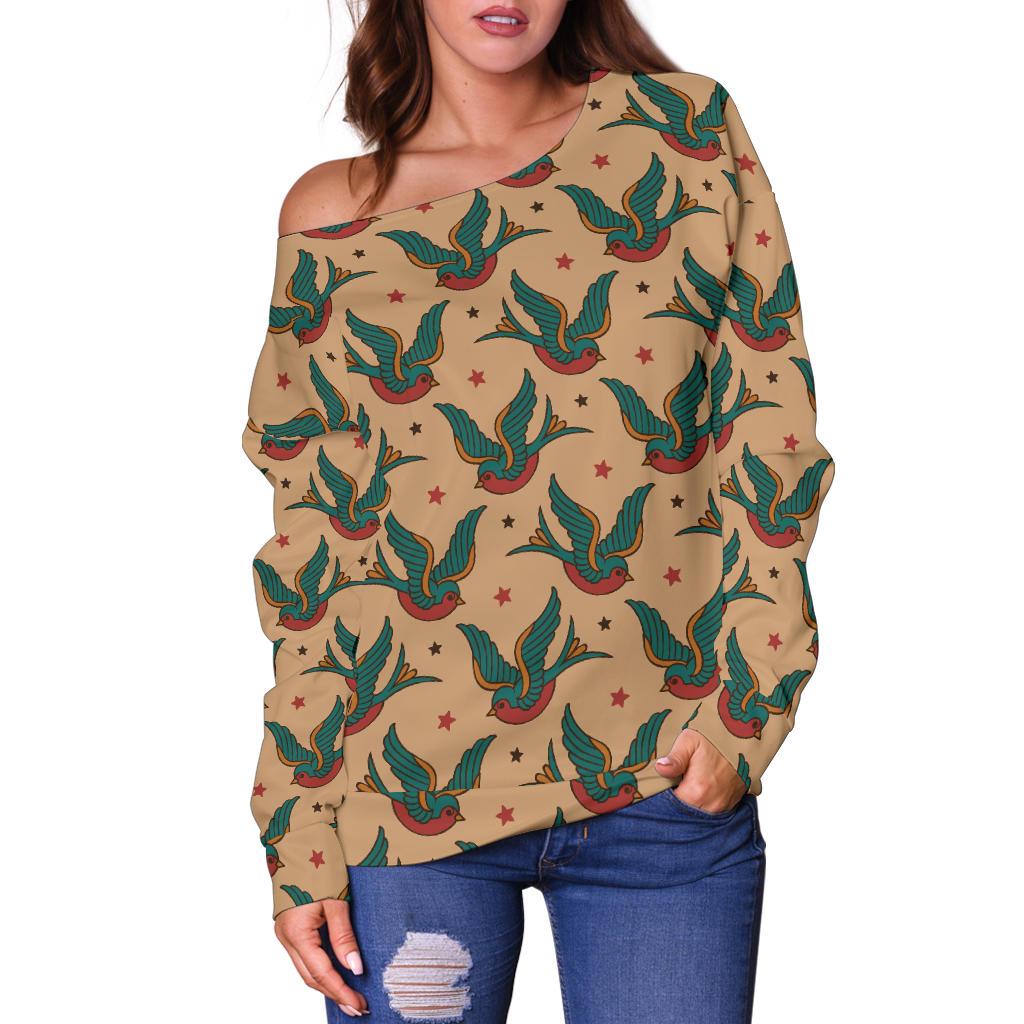 Old School Tattoo Swallow Design Off Shoulder Sweatshirt