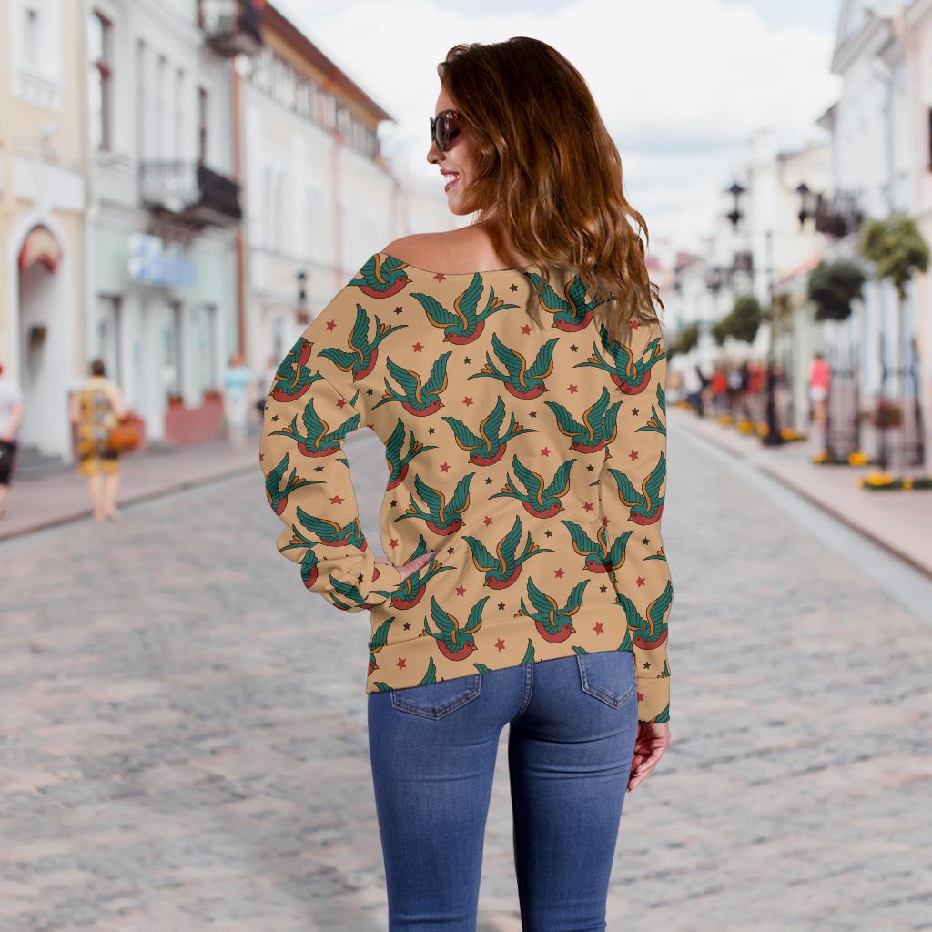 Old School Tattoo Swallow Design Off Shoulder Sweatshirt