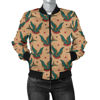 Old School Tattoo Swallow Design Women Casual Bomber Jacket