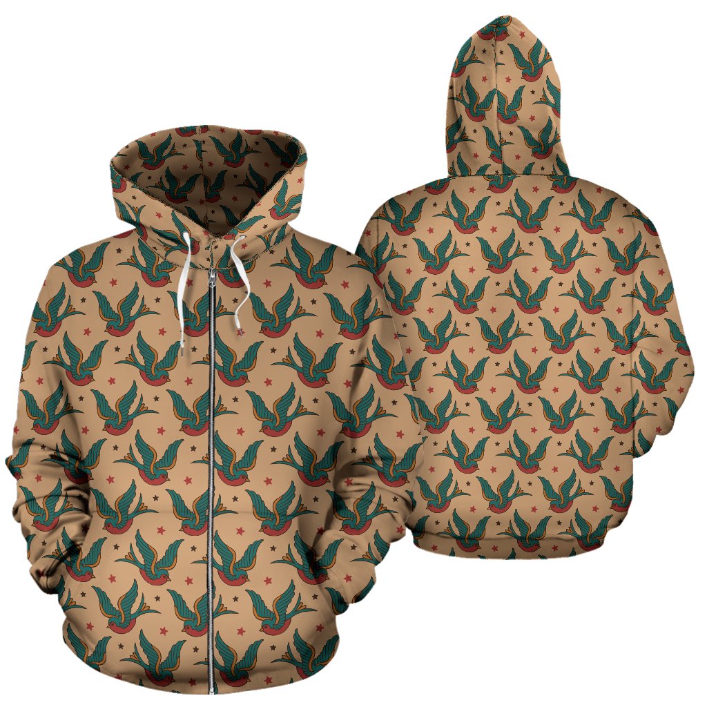 Old School Tattoo Swallow Design Zip Up Hoodie