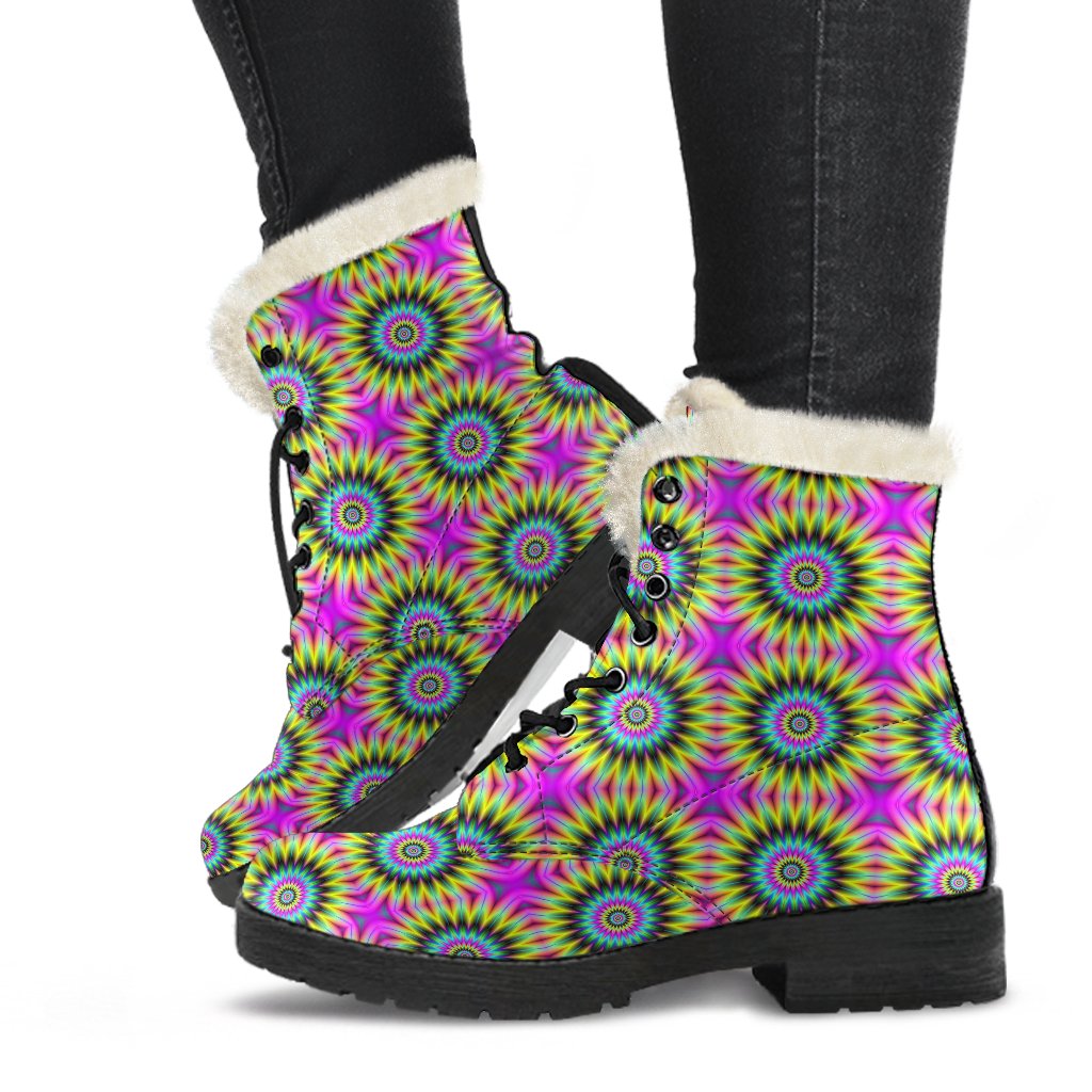 Optical illusion Flower Rainbow Style Faux Fur Leather Boots-JTAMIGO.COM