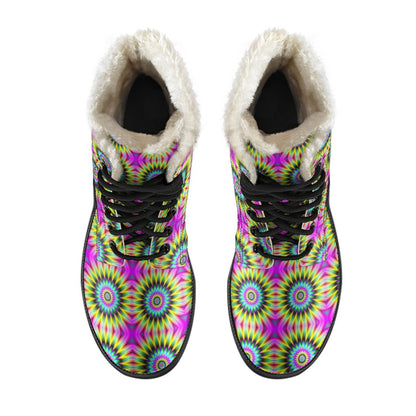 Optical illusion Flower Rainbow Style Faux Fur Leather Boots-JTAMIGO.COM