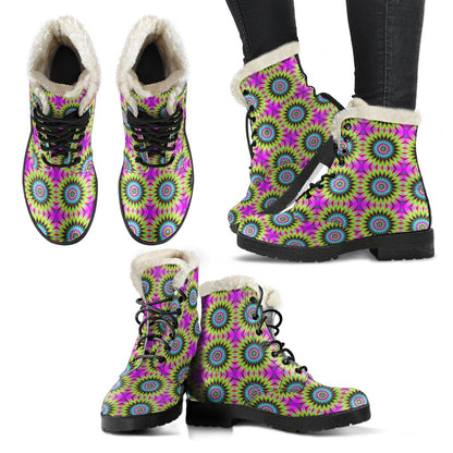 Optical illusion Flower Rainbow Style Faux Fur Leather Boots-JTAMIGO.COM